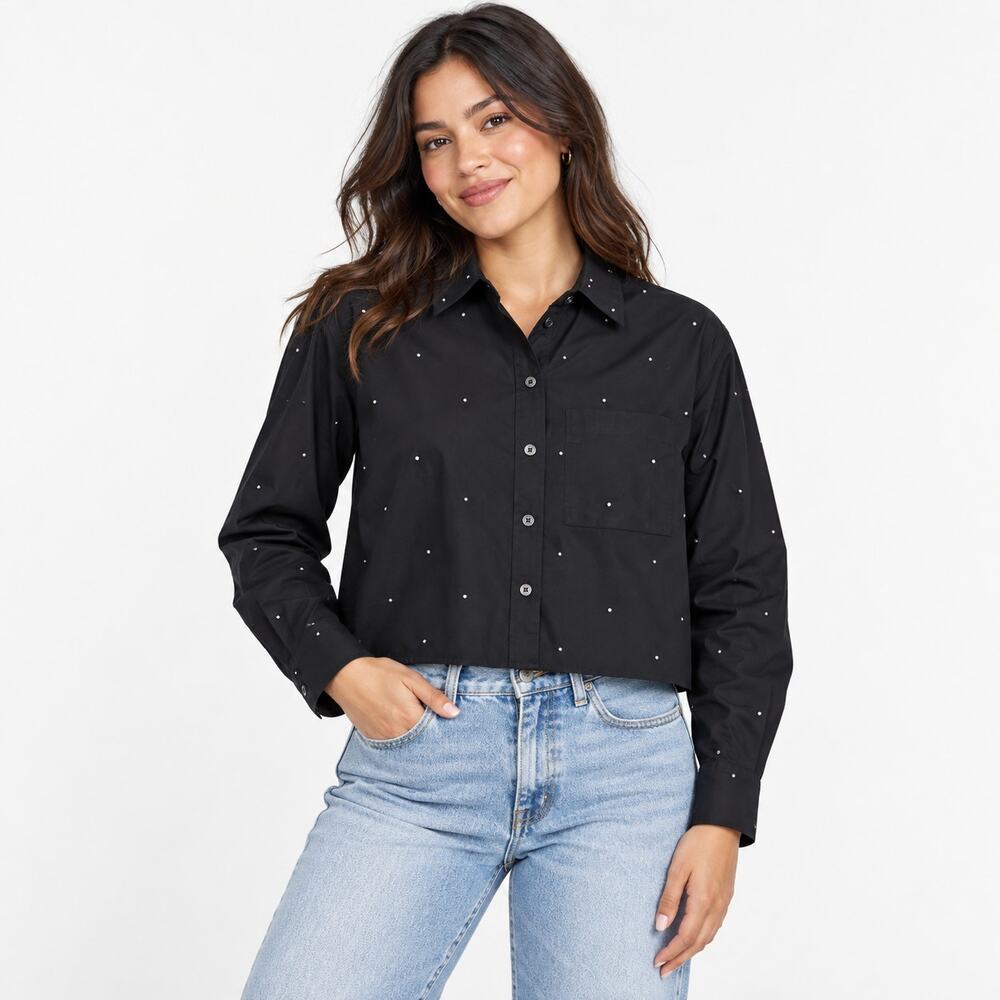 Madewell Shirt WMNS S Black Rhinestone Cropped Button Up Minimalist Holiday Glam